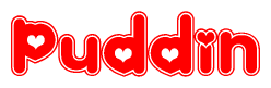 The image displays the word Puddin written in a stylized red font with hearts inside the letters.