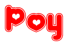 The image displays the word Poy written in a stylized red font with hearts inside the letters.