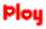 The image is a red and white graphic with the word Ploy written in a decorative script. Each letter in  is contained within its own outlined bubble-like shape. Inside each letter, there is a white heart symbol.