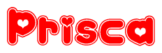 The image displays the word Prisca written in a stylized red font with hearts inside the letters.