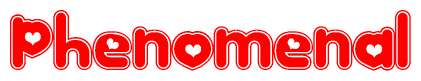 The image is a red and white graphic with the word Phenomenal written in a decorative script. Each letter in  is contained within its own outlined bubble-like shape. Inside each letter, there is a white heart symbol.