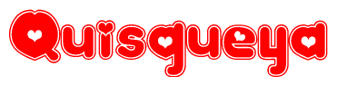 The image is a clipart featuring the word Quisqueya written in a stylized font with a heart shape replacing inserted into the center of each letter. The color scheme of the text and hearts is red with a light outline.