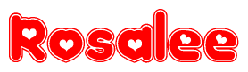 The image is a clipart featuring the word Rosalee written in a stylized font with a heart shape replacing inserted into the center of each letter. The color scheme of the text and hearts is red with a light outline.