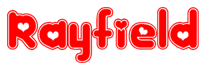 The image is a clipart featuring the word Rayfield written in a stylized font with a heart shape replacing inserted into the center of each letter. The color scheme of the text and hearts is red with a light outline.