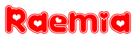 The image displays the word Raemia written in a stylized red font with hearts inside the letters.