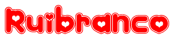The image is a clipart featuring the word Ruibranco written in a stylized font with a heart shape replacing inserted into the center of each letter. The color scheme of the text and hearts is red with a light outline.