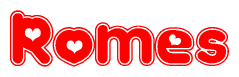The image displays the word Romes written in a stylized red font with hearts inside the letters.