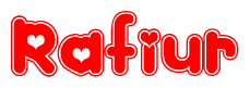 The image is a red and white graphic with the word Rafiur written in a decorative script. Each letter in  is contained within its own outlined bubble-like shape. Inside each letter, there is a white heart symbol.