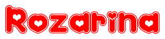 The image is a clipart featuring the word Rozarina written in a stylized font with a heart shape replacing inserted into the center of each letter. The color scheme of the text and hearts is red with a light outline.
