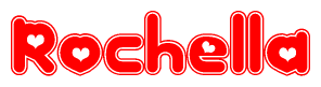 The image is a red and white graphic with the word Rochella written in a decorative script. Each letter in  is contained within its own outlined bubble-like shape. Inside each letter, there is a white heart symbol.