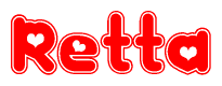 The image displays the word Retta written in a stylized red font with hearts inside the letters.