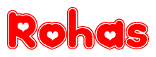 The image is a clipart featuring the word Rohas written in a stylized font with a heart shape replacing inserted into the center of each letter. The color scheme of the text and hearts is red with a light outline.