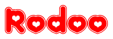 The image displays the word Rodoo written in a stylized red font with hearts inside the letters.
