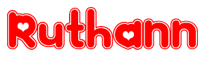 The image is a clipart featuring the word Ruthann written in a stylized font with a heart shape replacing inserted into the center of each letter. The color scheme of the text and hearts is red with a light outline.