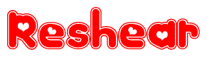 The image is a clipart featuring the word Reshear written in a stylized font with a heart shape replacing inserted into the center of each letter. The color scheme of the text and hearts is red with a light outline.