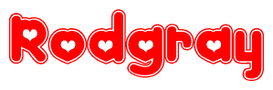 The image is a clipart featuring the word Rodgray written in a stylized font with a heart shape replacing inserted into the center of each letter. The color scheme of the text and hearts is red with a light outline.