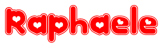 The image is a red and white graphic with the word Raphaele written in a decorative script. Each letter in  is contained within its own outlined bubble-like shape. Inside each letter, there is a white heart symbol.