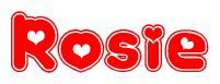 The image is a red and white graphic with the word Rosie written in a decorative script. Each letter in  is contained within its own outlined bubble-like shape. Inside each letter, there is a white heart symbol.