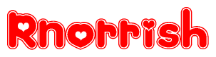   The image is a clipart featuring the word Rnorrish written in a stylized font with a heart shape replacing inserted into the center of each letter. The color scheme of the text and hearts is red with a light outline. 