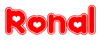 The image is a clipart featuring the word Ronal written in a stylized font with a heart shape replacing inserted into the center of each letter. The color scheme of the text and hearts is red with a light outline.