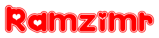 The image is a clipart featuring the word Ramzimr written in a stylized font with a heart shape replacing inserted into the center of each letter. The color scheme of the text and hearts is red with a light outline.
