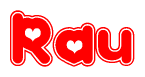 The image is a clipart featuring the word Rau written in a stylized font with a heart shape replacing inserted into the center of each letter. The color scheme of the text and hearts is red with a light outline.