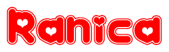 The image is a red and white graphic with the word Ranica written in a decorative script. Each letter in  is contained within its own outlined bubble-like shape. Inside each letter, there is a white heart symbol.
