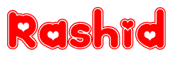 The image is a clipart featuring the word Rashid written in a stylized font with a heart shape replacing inserted into the center of each letter. The color scheme of the text and hearts is red with a light outline.