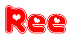 The image is a clipart featuring the word Ree written in a stylized font with a heart shape replacing inserted into the center of each letter. The color scheme of the text and hearts is red with a light outline.