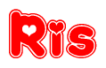 The image is a clipart featuring the word Ris written in a stylized font with a heart shape replacing inserted into the center of each letter. The color scheme of the text and hearts is red with a light outline.