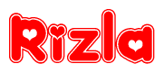 The image is a clipart featuring the word Rizla written in a stylized font with a heart shape replacing inserted into the center of each letter. The color scheme of the text and hearts is red with a light outline.