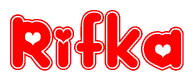 The image is a red and white graphic with the word Rifka written in a decorative script. Each letter in  is contained within its own outlined bubble-like shape. Inside each letter, there is a white heart symbol.