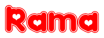 The image displays the word Rama written in a stylized red font with hearts inside the letters.