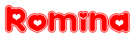 The image is a red and white graphic with the word Romina written in a decorative script. Each letter in  is contained within its own outlined bubble-like shape. Inside each letter, there is a white heart symbol.