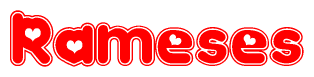 The image is a clipart featuring the word Rameses written in a stylized font with a heart shape replacing inserted into the center of each letter. The color scheme of the text and hearts is red with a light outline.