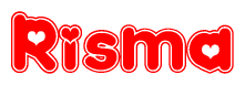 The image is a clipart featuring the word Risma written in a stylized font with a heart shape replacing inserted into the center of each letter. The color scheme of the text and hearts is red with a light outline.