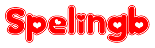 The image is a red and white graphic with the word Spelingb written in a decorative script. Each letter in  is contained within its own outlined bubble-like shape. Inside each letter, there is a white heart symbol.