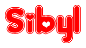The image is a red and white graphic with the word Sibyl written in a decorative script. Each letter in  is contained within its own outlined bubble-like shape. Inside each letter, there is a white heart symbol.