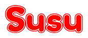 The image is a red and white graphic with the word Susu written in a decorative script. Each letter in  is contained within its own outlined bubble-like shape. Inside each letter, there is a white heart symbol.