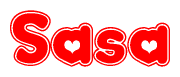 The image is a red and white graphic with the word Sasa written in a decorative script. Each letter in  is contained within its own outlined bubble-like shape. Inside each letter, there is a white heart symbol.