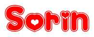 The image is a red and white graphic with the word Sorin written in a decorative script. Each letter in  is contained within its own outlined bubble-like shape. Inside each letter, there is a white heart symbol.