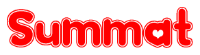 The image is a red and white graphic with the word Summat written in a decorative script. Each letter in  is contained within its own outlined bubble-like shape. Inside each letter, there is a white heart symbol.
