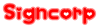The image displays the word Signcorp written in a stylized red font with hearts inside the letters.