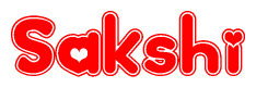 The image is a red and white graphic with the word Sakshi written in a decorative script. Each letter in  is contained within its own outlined bubble-like shape. Inside each letter, there is a white heart symbol.