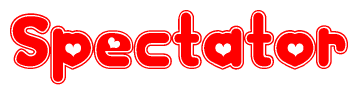 The image is a red and white graphic with the word Spectator written in a decorative script. Each letter in  is contained within its own outlined bubble-like shape. Inside each letter, there is a white heart symbol.