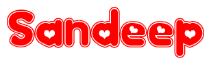 The image is a clipart featuring the word Sandeep written in a stylized font with a heart shape replacing inserted into the center of each letter. The color scheme of the text and hearts is red with a light outline.