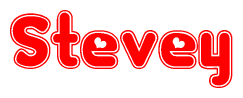 The image is a red and white graphic with the word Stevey written in a decorative script. Each letter in  is contained within its own outlined bubble-like shape. Inside each letter, there is a white heart symbol.
