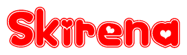 The image is a red and white graphic with the word Skirena written in a decorative script. Each letter in  is contained within its own outlined bubble-like shape. Inside each letter, there is a white heart symbol.
