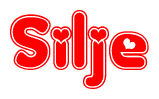 The image is a red and white graphic with the word Silje written in a decorative script. Each letter in  is contained within its own outlined bubble-like shape. Inside each letter, there is a white heart symbol.