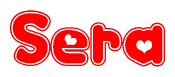 The image is a red and white graphic with the word Sera written in a decorative script. Each letter in  is contained within its own outlined bubble-like shape. Inside each letter, there is a white heart symbol.